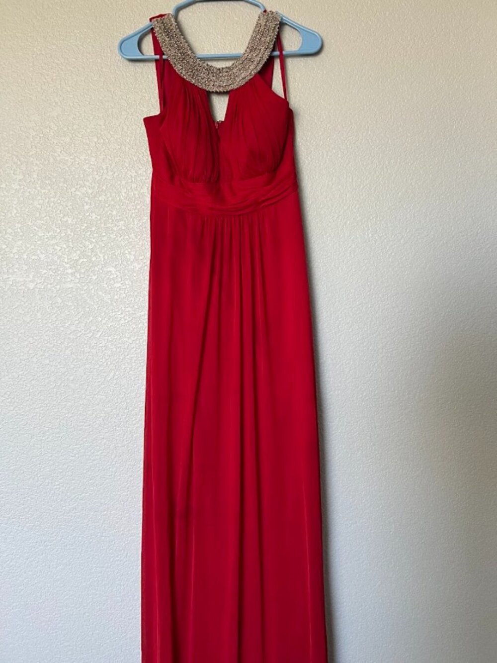 Onyx Nite Red Silver Beaded Neckline Empire Waist Long Dress Size 2